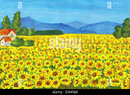 Campo con girasoli, dipinta a mano foto, acrilico. Foto Stock