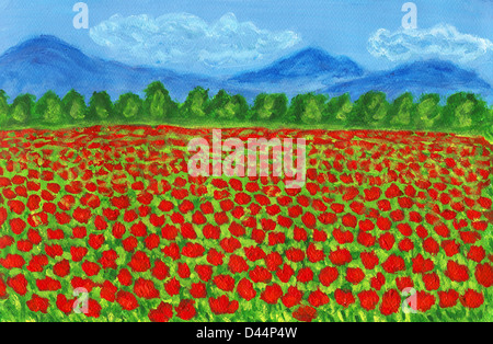 Paesaggio prato con papaveri rossi, dipinta a mano foto, acrilico. Foto Stock