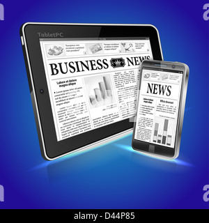 Digital News concetto con giornale aziendale sullo schermo di Tablet PC e Smartphone Foto Stock