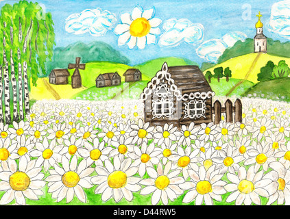 Dipinto a mano foto, acquerelli e acrilico, serie "case del mondo", "Casa con camomiles' ('House in Russia ") Foto Stock