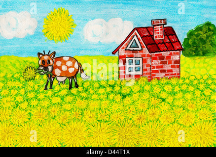 Dipinto a mano illustrazione, paesaggio casa con il tarassaco, acrilico. Foto Stock