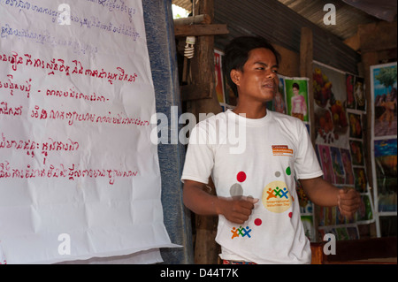 Hoon Prum Kom … villaggio nella provincia di Battambang Kaeht Rim - Leader del gruppo giovani (T-shirt bianco con grandi punti) Foto Stock