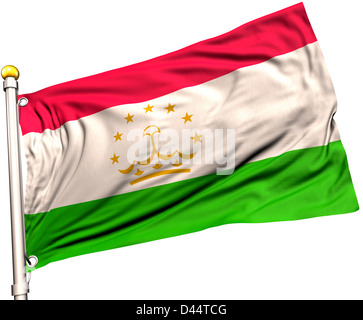 Tagikistan bandiera su un palo di bandiera. Percorso di clipping incluso. Tessitura della seta visibile sulla bandiera a 100%. Foto Stock