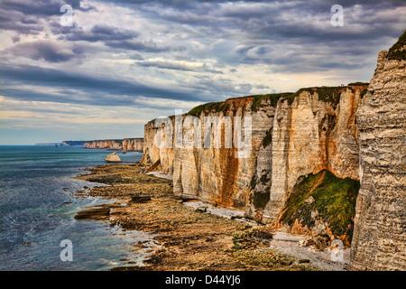 Scogliere specifici in Etretat nella regione Upper-Normandy nel nord della Francia, durante la bassa marea del tempo. Foto Stock