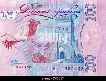 Duecento ucraino hryvna frammento con cicogna e Torre d'ingresso di Lutsk Castle Foto Stock