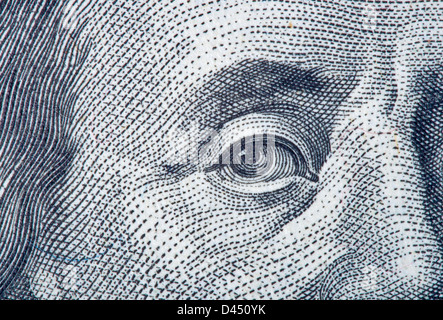 Frammento di ritratto di Benjamin Franklin close-up da un centinaio di dollari bill Foto Stock
