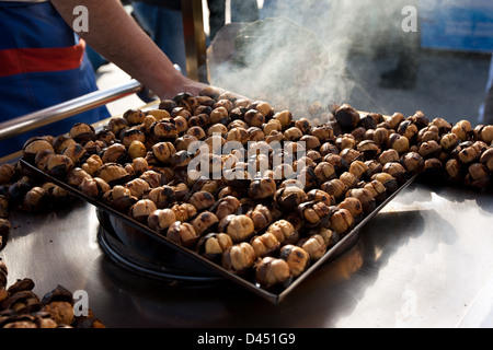 Un uomo che vende le castagne, Eminonu Istanbul, Turchia Foto Stock