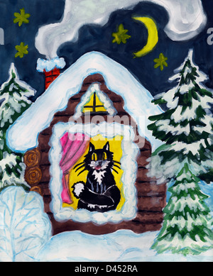 Pittura Handdrawn, guazzo. Gatto nella finestra del borgo casa in legno nella foresta di inverno di notte. Foto Stock