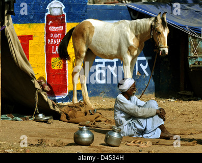 Un venditore deve attendere per un gli acquirenti su una strada laterale a pressione di stallo durante la fiera del bestiame nella parte occidentale della città indiana di Nagaur, in Rajasthan Foto Stock