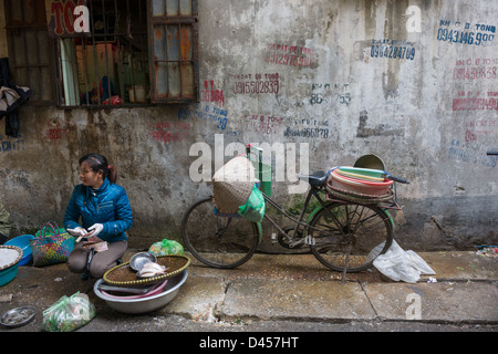 Donna di vendita del pesce accanto alla sua bicicletta, Ngo Trung Yen vicolo, nel quartiere vecchio di Hanoi, Vietnam Foto Stock