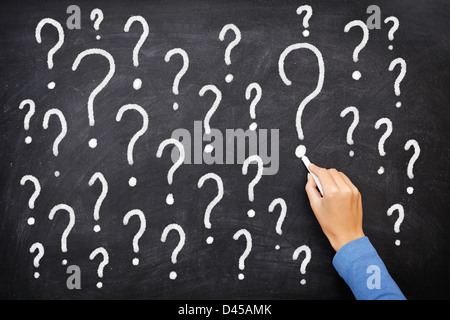 Un punto interrogativo sulla lavagna. La decisione, confusione, FAQ o altro concetto. La scrittura a mano con un gessetto sulla scuola scheda nero Foto Stock