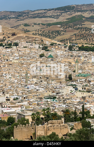 Guardando verso il basso per la tentacolare antica Medina dal Borj Sud fort, mostrando la campagna circostante, Fes, Marocco Foto Stock