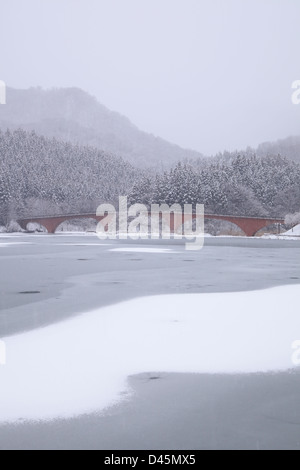 Lago ghiacciato Usui e ponte in inverno, Gunma, Giappone Foto Stock