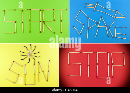 Collage di dei fiammiferi su sfondo colorato. Foto Stock