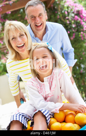 Ragazza seduta in carriola riempito di arance Foto Stock