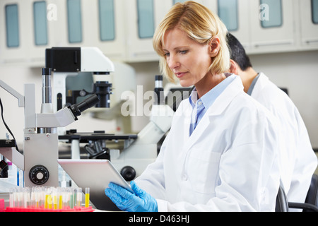 Donna scienziato utilizzando Computer tablet in laboratorio Foto Stock