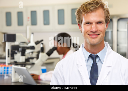 Maschio e femmina gli scienziati utilizzano microscopi in laboratorio Foto Stock