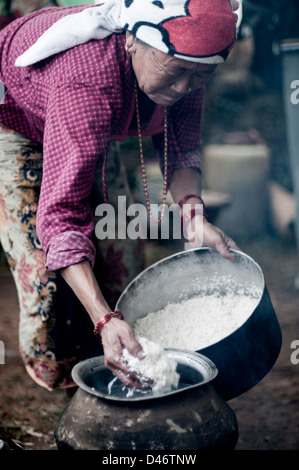 Signora nepalese la cottura del riso o dal bhat per la famiglia. Foto Stock