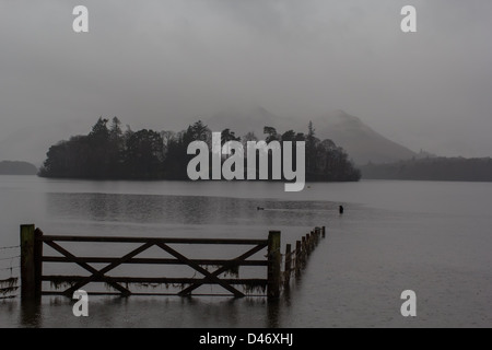 Un campo inondato sulle rive del Derwent Water Near Keswick nel Parco Nazionale del Distretto dei Laghi Foto Stock