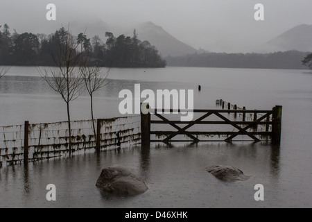 Un campo inondato sulle rive del Derwent Water Near Keswick nel Parco Nazionale del Distretto dei Laghi Foto Stock