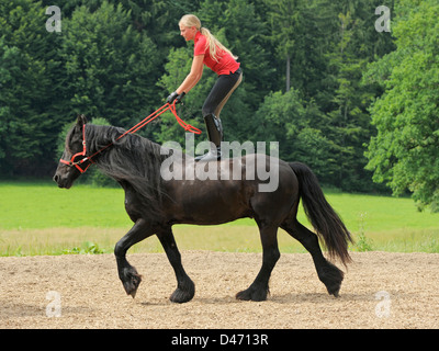 13 anni ragazza in piedi sul retro del camminare il frisone cavallo Foto Stock