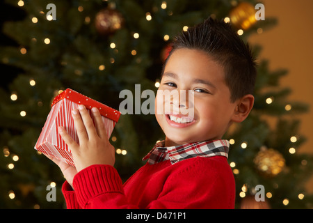 Ragazzo tenendo il Natale presente nella parte anteriore della struttura ad albero Foto Stock