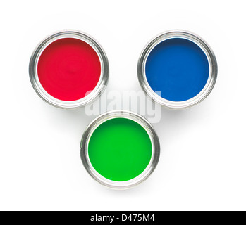Pentole di rosso blu e verde vernici Foto Stock