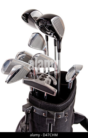 Una varietà di acciaio golf club in borsa su sfondo bianco Foto Stock