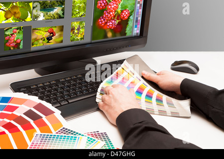 Graphic designer al lavoro. I campioni di colore. Foto di frutta e la natura Foto Stock