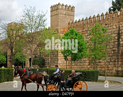 Carro trainato da cavalli e mura difensive, Reales Alcazares, Siviglia, Spagna Foto Stock