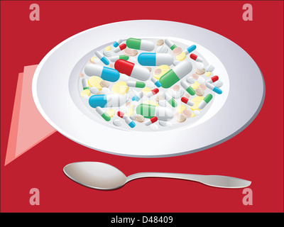 Illustrazione del moderno colazione, una piastra piena di pillole e capsule, cucchiaio Foto Stock