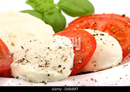 Mozzarella e le fette di pomodoro con pepe e basiliche. Foto Stock