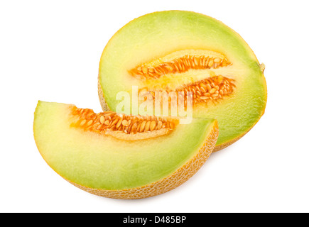 Fetta di galia miele melone di fronte a metà il melone. Foto Stock