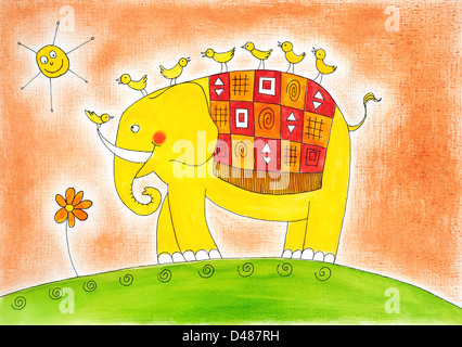 Happy Elephant e uccelli, bambino del disegno, pittura ad acquarello su carta Foto Stock