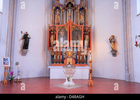 Una rosa bianca sorge nei pressi del battistero di Joseph Ratzinger nel S. Osvaldo chiesa nel villaggio bavarese Marktl durante le ultime ore del pontificato di Joseph Ratzinger come Papa Benedetto XVI. Foto Stock