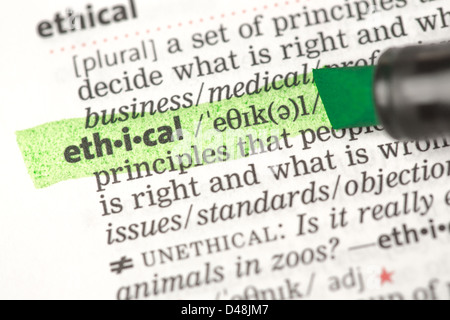 Definizione di etica evidenziato in verde Foto Stock