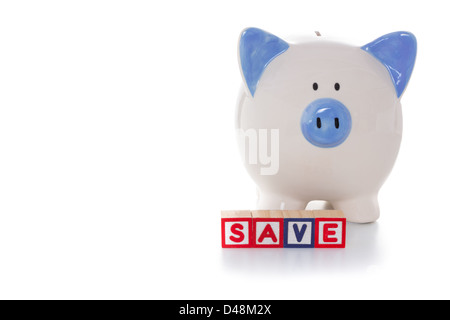 Blocchi di salvataggio per il controllo ortografico nella parte anteriore del salvadanaio Foto Stock