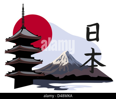 Illustrazione dello sfondo con la Pagoda Temple e il Monte Fuji Foto Stock