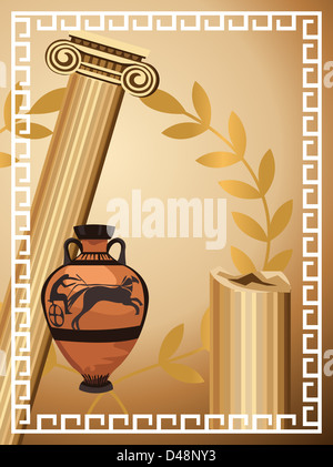 Illustrazione con antiche colonne Greche, vaso e olive branch Foto Stock