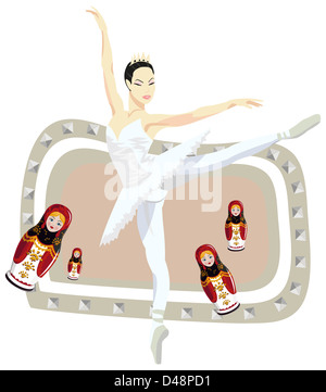 Illustrazione del telaio con la ballerina russa e bambole russe, isolato su bianco Foto Stock