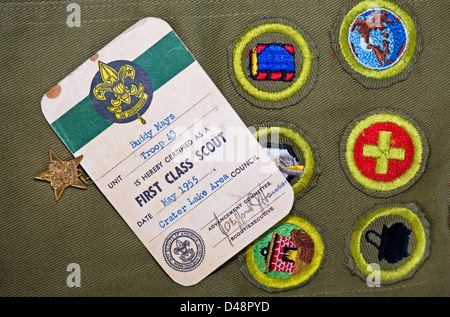 Un Boy Scout anta con badge di merito e di prima classe e Star perni Scout, dal 1955. Foto Stock