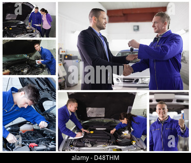 Collage di meccanica al lavoro con soddisfazione del cliente Foto Stock