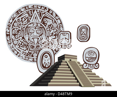 Illustrazione con la Piramide Maya e antichi glifi Foto Stock