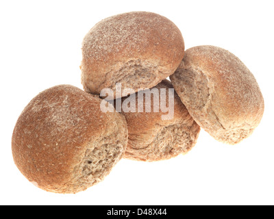 Gruppo di pane appena sfornato Brown Pane integrale panini, isolata contro uno sfondo bianco, con nessun popolo Foto Stock