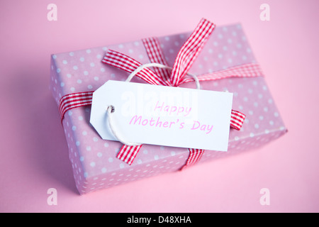Rosa Gift Wrapped box con le madri felice giorno tag Foto Stock