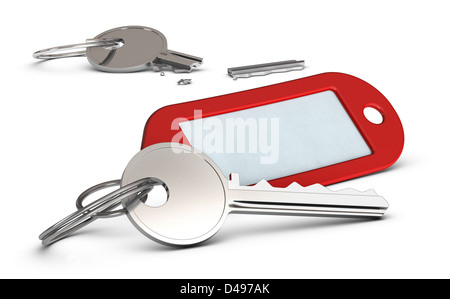 Una chiave duplicata e portachiavi rosso e sullo sfondo di un tasto rotto, immagine su bianco Foto Stock
