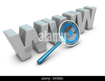 WWW 3D lettere su sfondo bianco con un ingranditore compreso un bersaglio blu Foto Stock