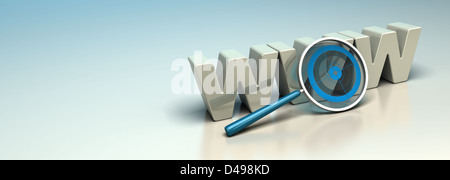 Motore di ricerca concetto, parola www scritta in 3D con lente di ingrandimento sul primo piano, blu e sfondo beige Foto Stock