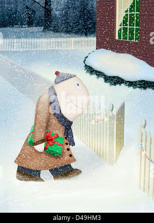 Illustrazione di gentile, simpatico personaggio portando un regalo di Natale a snowy casa decorata per la stagione. Foto Stock