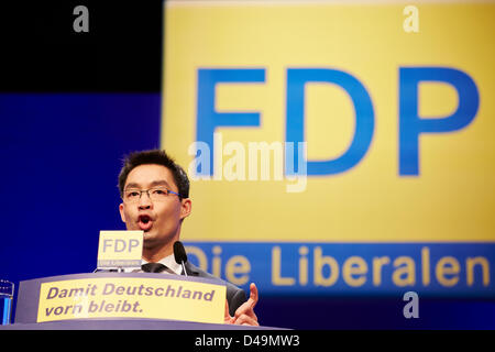 Berlino, Germania. 9 Marzo, 2013. La 64esima Convention di partito della Germania liberali Fdp è in programma nel fine settimana del 9 -10 Marzo 2013 presso l'Estrel Convention Center di Berlino. Durante la convenzione, i liberali eleggere il loro nuovo leader.Il FDP congresso di partito, originariamente prevista per il mese di maggio, era stato spinto in avanti da due mesi. Sulla foto: Discorso del Presidente nazionale della FDP il dottor Philipp Rösler al 64esimo congresso del Partito Nazionale della FDP Foto Stock